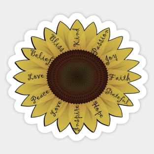 Bright sunflower graphic Design with words of inspiration written on the petals Sticker
